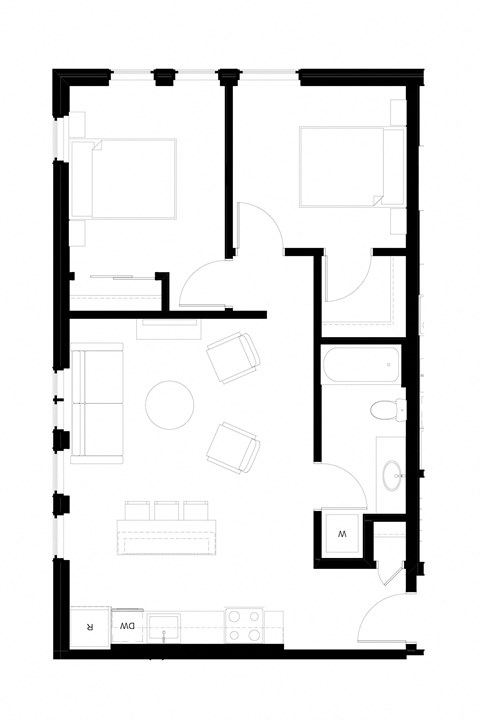 Floor plan for 2 beds, 1 bath, 906 sqft